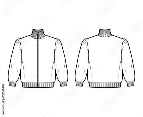 Zip-up turtleneck cropped cotton-terry sweatshirt technical fashion illustration with puffed shoulders, elbow sleeves. Flat jumper apparel template front back white color. Women, men unisex top CAD