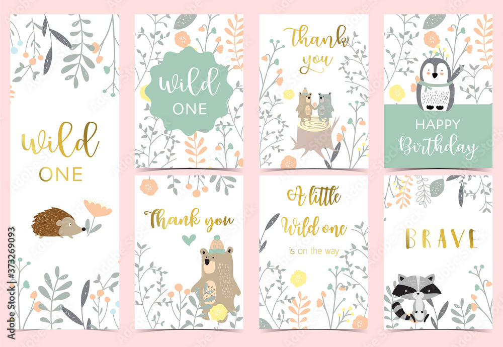 Collection of pink boho cards set with bear, jungle,penguin,hedgehog .Vector illustration for birthday invitation,postcard and sticker.Editable element Collection of pink boho cards set with bear, jungle,penguin,hedgehog .Vector illustration for birthday invitation,postcard and sticker.Editable element