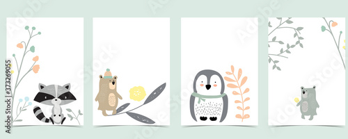 Collection of pink boho cards set with bear,jungle,skunk,penguin .Vector illustration for birthday invitation,postcard and sticker.Editable element