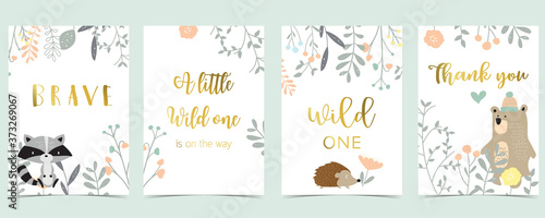 Collection of pink boho cards set with bear,jungle,skunk,hedgehog .Vector illustration for birthday invitation,postcard and sticker.Editable element