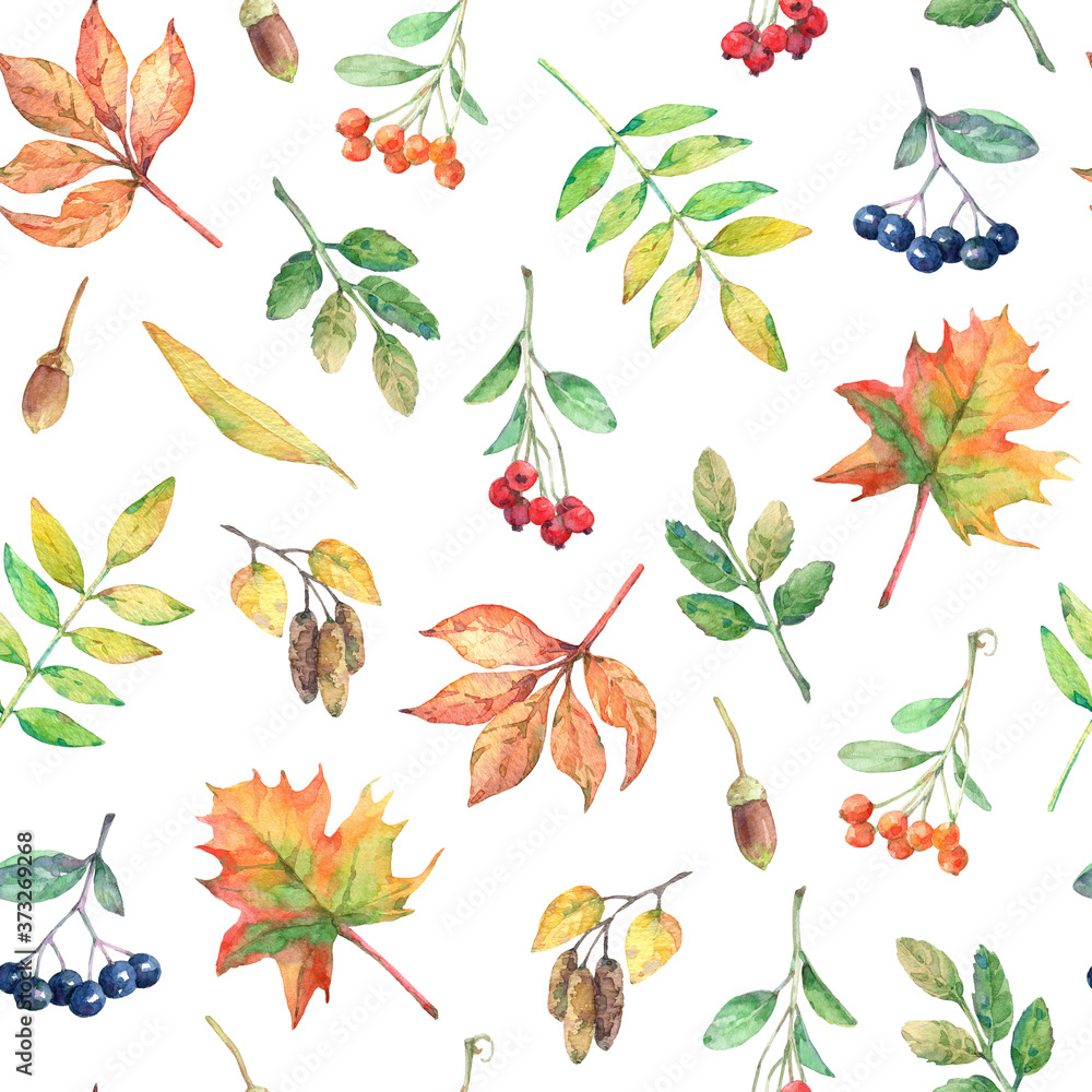 Watercolor seamless pattern with autumn elements.