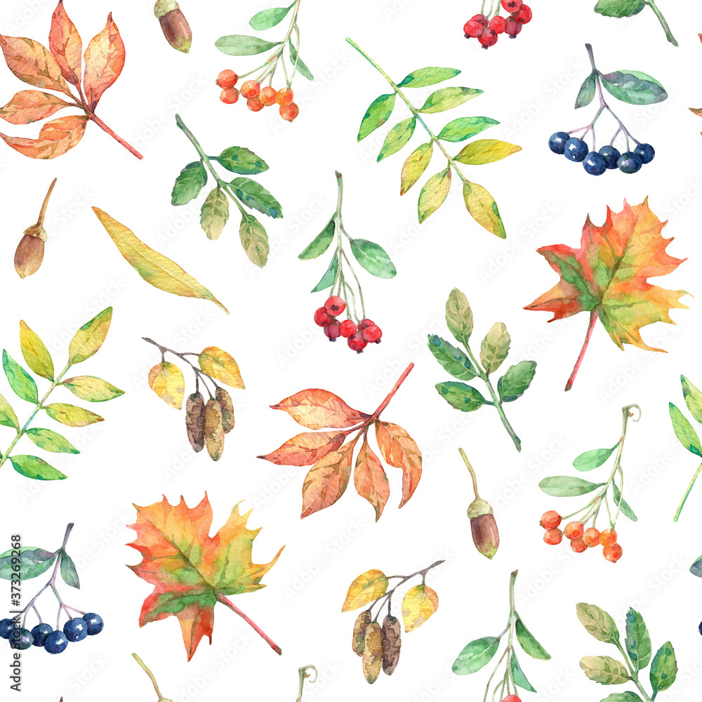 Fototapeta premium Watercolor seamless pattern with autumn elements.