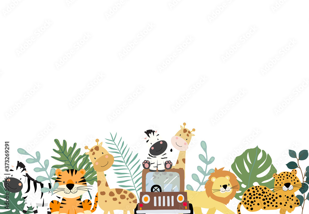 Green collection of safari background set with zebra,lion,giraffe.Editable vector illustration for birthday invitation,postcard and sticker - obrazy, fototapety, plakaty 