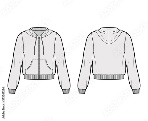 Zip-up cotton-fleece hoodie technical fashion illustration with relaxed fit, long sleeves, ribbed trims, front pocket. Flat jumper template front, back, grey color. Women, men, unisex sweatshirt top