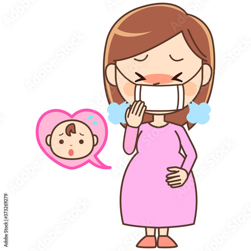 マスクをして咳き込む妊婦と心配する赤ちゃん