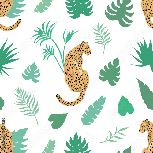 Tropic summer painting seamless pattern with leopard and tropical leaves. Tropical botanical Motives. Vector illustration. Summer decoration print for wrapping  wallpaper  fabric. 