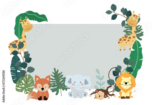 Green collection of safari background set with monkey,fox,giraffe.Editable vector illustration for birthday invitation,postcard and sticker