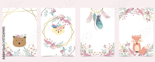Geometry pink gold boho invitation card with rose,leaf,wreath,feather,animal and frame