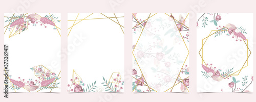 Geometry pink gold wedding invitation card with rose,leaf,wreath,feather and frame