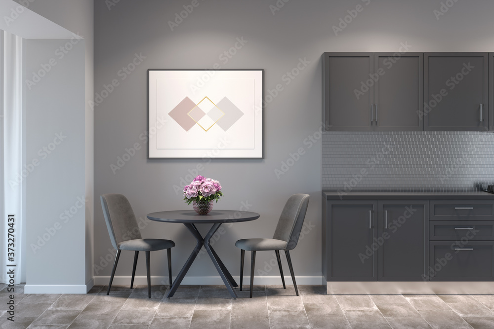 Fototapeta premium Kitchen interior with the horizontal poster above a round table with two chairs between gray kitchen cabinets and a doorway. Front view. 3d render