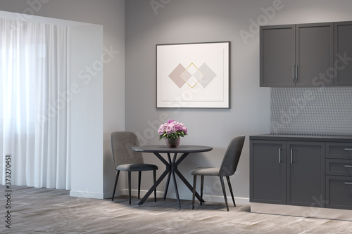 Kitchen interior with the horizontal poster above a round table with two chairs between gray kitchen cabinets and a doorway. 3d render