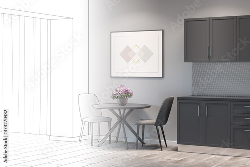 The sketch becomes a real kitchen with the horizontal poster above a round table with two chairs between gray kitchen cabinets and a doorway. 3d render