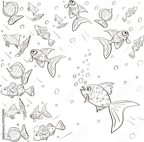 Piranha chasing fish. Black and white hand drawn vector sketch.