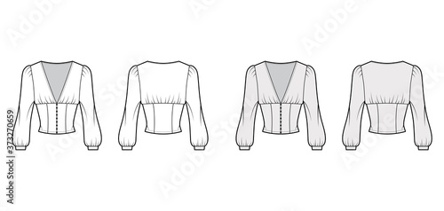 Cropped top technical fashion illustration with long bishop sleeves, puffed shoulders, front button fastenings. Flat apparel shirt template front back white, grey color. Women men, unisex blouse CAD