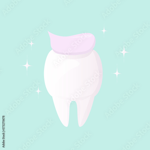 a poster about daily oral hygiene. It is important to brush your teeth properly. A snow-white healthy tooth, with toothpaste for care and cleaning. Flat vector design