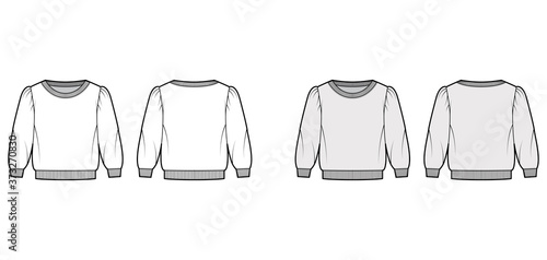 Cropped cotton-terry sweatshirt technical fashion illustration with scoop neckline, puffed shoulders, elbow sleeves. Flat jumper apparel template front back white grey color. Women, men unisex top CAD