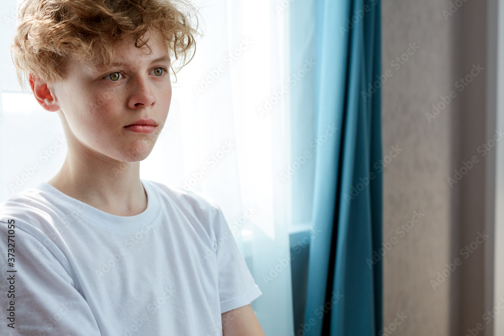 portrait of thoughtful serious boy with natural red hair, boy in contemplation portrait of thoughtful serious boy with natural red hair, boy in contemplation