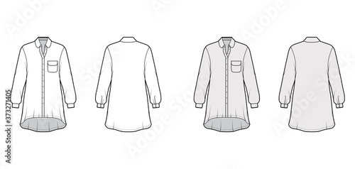 Oversized shirt dress technical fashion illustration with rounded pocket and collar, long sleeves, high-low hem, front button-fastening. Flat template front back white grey color. Women men unisex top