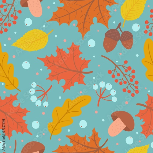 Autumn pattern with oak leaves, maple, berries, acorn and mushrooms. Cozy season background. Vector illustration for textile, wrapping, wallpaper.