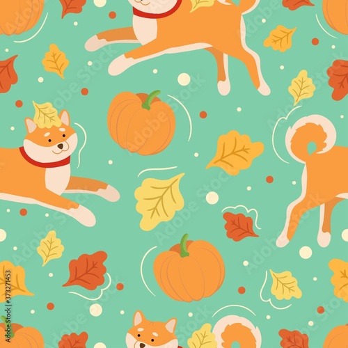 Autumn seamless pattern with cute animals, pumpkins and leaves. Childish vector illustration. Design for textile, wrapping, wallpaper.