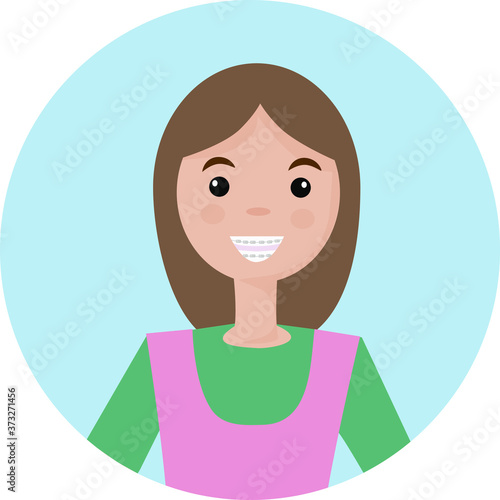 A cute girl with braces on her teeth is happy with a healthy smile.  Banner for advertising children's dental clinic. Dental care - orthodontic treatment and straightening of teeth. Flat vector
