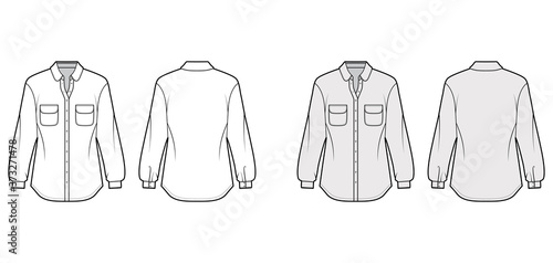 Classic shirt technical fashion illustration with rounded pockets and collar, long sleeves with cuff, relax fit, front button-fastening. Flat template front back white grey color. Women men unisex top