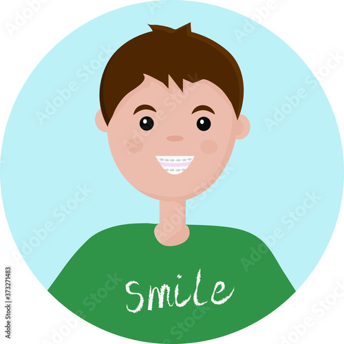 Cute character boy, with braces on his teeth, rejoices in a healthy smile.  Banner for advertising children's dental clinic. Dental care - orthodontic treatment and straightening of teeth. Flat vector