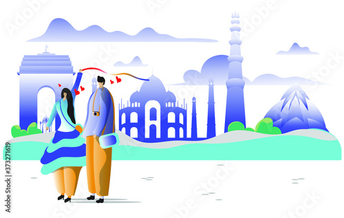Concept of side seeing during India tour of newly married cute happy couple for honeymoon purpose. Taj Mahal, India Gate, Qutub Minar and Lotus temple is seen far away.Flat cartoon vector illustraton.