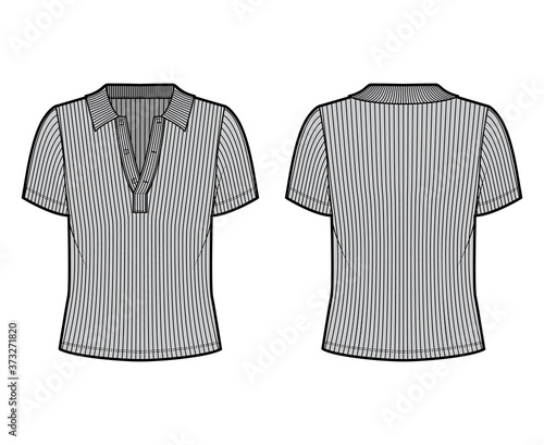 Ribbed cotton-jersey polo shirt technical fashion illustration with short sleeves, buttons along the front, oversized. Flat top apparel template front back grey color. Women men unisex knit CAD mockup