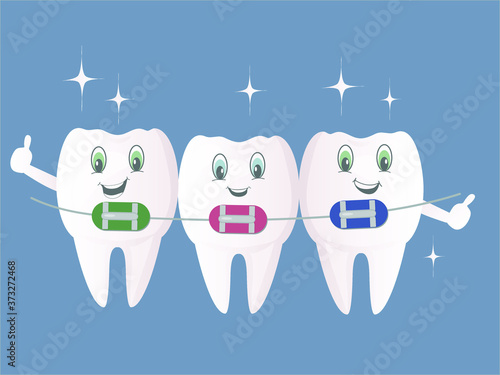 healthy white and straight teeth with braces. Dental care service - Orthodontic treatment and straightening of teeth. Flat vector illustration