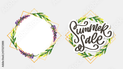 Trendy floral vector template. Summer flowers and Summer sale lettering illustration. Shabby gold texture on striped background.