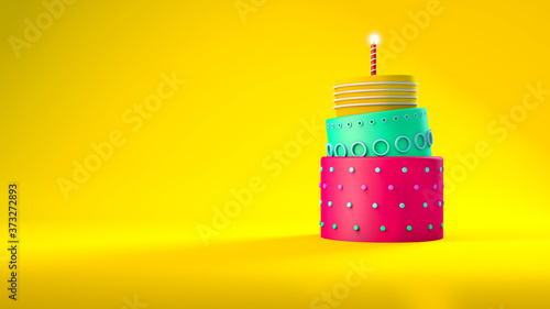 Cute birthday cake with three layers on a yellow background