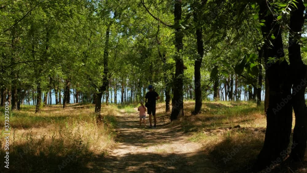 Child girl with father walking in the forest with high pine trees. Eco tourism, healthcare, family hiking trails. Conifer wood with sunrays. Kid with parent walks back view on nature background. 4K Child girl with father walking in the forest with high pine trees. Eco tourism, healthcare, family hiking trails. Conifer wood with sunrays. Kid with parent walks back view on nature background. 4K