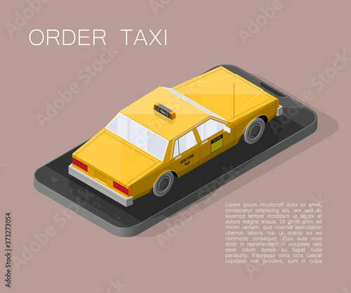 Yellow isometric taxi cab banner. Online mobile application order taxi service illustration. Flat car isometric quality banner. 3D taxi vehicle smartphone. Get a taxi online phone isometry application