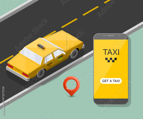 Yellow taxi cab banner isometric. Online mobile application order taxi service illustration. Flat car isometric high quality banner. 3D taxi vehicle smartphone. Get a taxi online phone application