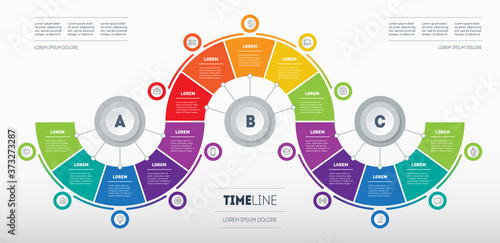 Infographic consisting of 15 parts divided into 3 segments of 5 parts. Business presentation concept with fifteen steps. Diagram of technological or education process.