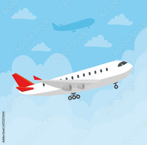 modern airliner flying, large commercial passenger aircraft in the sky vector illustration design