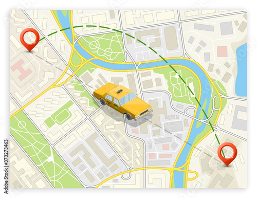 Yellow isometric taxi cab banner. Online navigation application order taxi service. Isometry car isometric route banner. 3D taxi classic vehicle itinerary road. Get a taxi online phone application