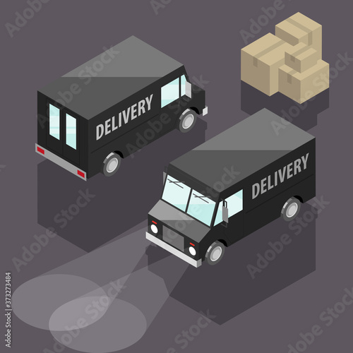Isometric delivery van. Cargo truck transportation box on route, Fast delivery logistic 3d carrier transport, 3d flat isometry city freight car, infographic loading goods. Low poly style vehicle truck