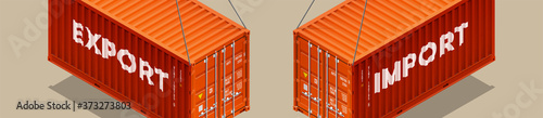 3D Isometric two 20 foot container delivery with EXPORT and IMPORT text. Large metal 20 ft containers for transportation shipping cargo. 3d illustration