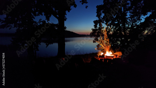 Obraz na płótnie Camp fire in the night. Bonfire. Flame and fire sparks on dark background. w salonie