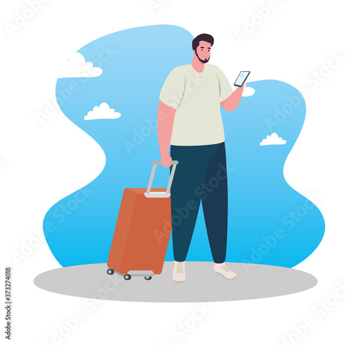 tourist man walking with baggage, male traveler with luggage vector illustration design