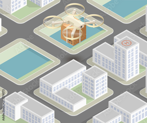 Drone delivery above the flat city concept illustration. Quadcopter flying over a town and carrying a package to customer. 3d isometric icon