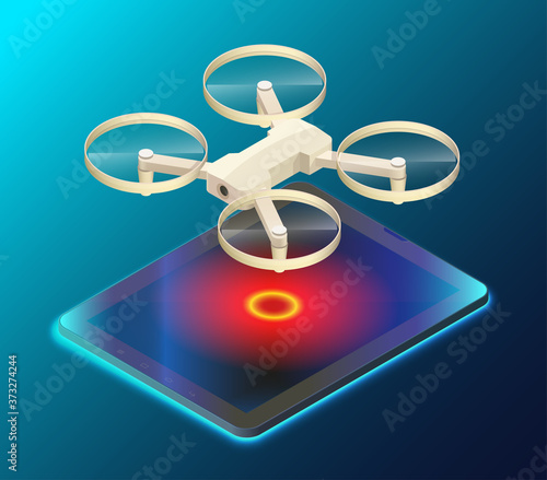 Drone with video camera flys above screen tablet concept illustration. Quadcopter flying isolated. Autonomous or wireless remoted drone. 3d isometric icon