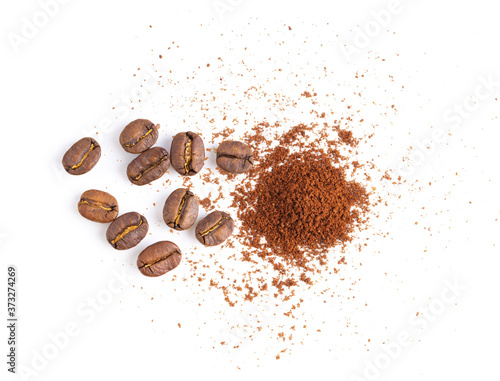 coffee beans and powder on white background