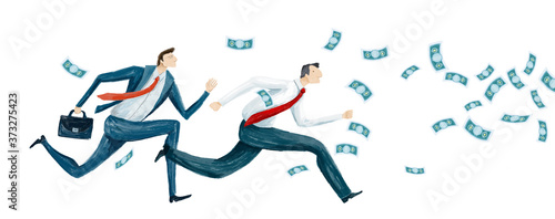 Businessmen running towards a source of money. The money is being blown at the running business people. Success and positive progress, banking, advisory, economy and financial concept illustration. 