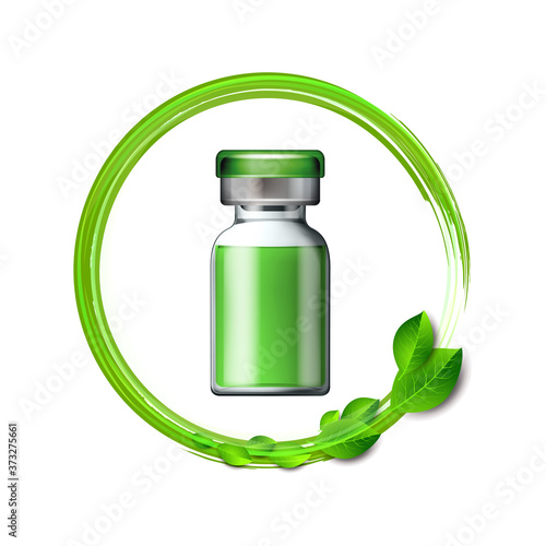 Whirlwind of green leaves swirls around Transparent glass ampule with vaccine or drug for medical treatment.