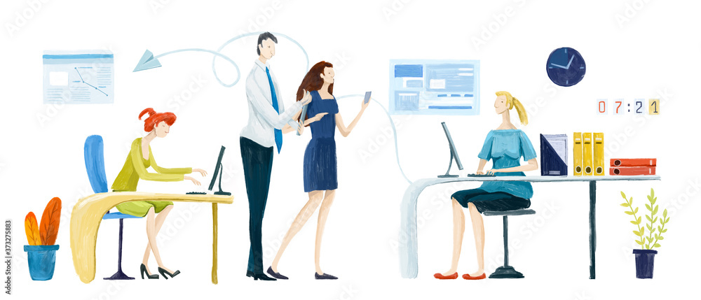 
Business team work in process concept illustration. Group of business people having meeting, discussion on global planning and marketing research. Help, advisory, financial services, support and solv