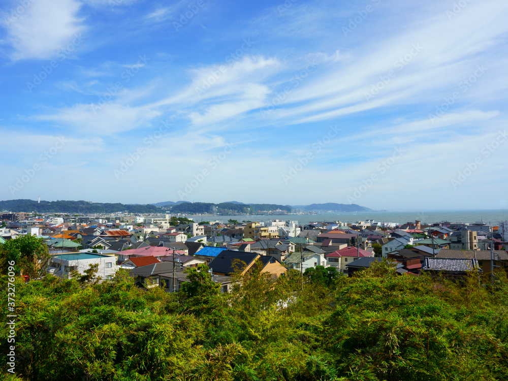 View of Kamakura Sagami Bay from second level in Hase-dera temple. Sunny day with blue sky