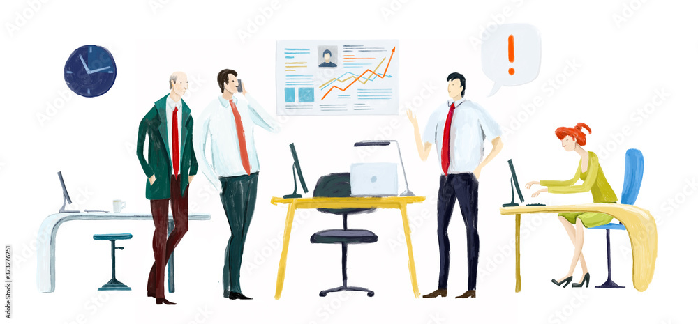 Business people working in office. Startup employees. Goal thinking, solving the problem, finding solutions, infographic of puzzle. Business concept illustration